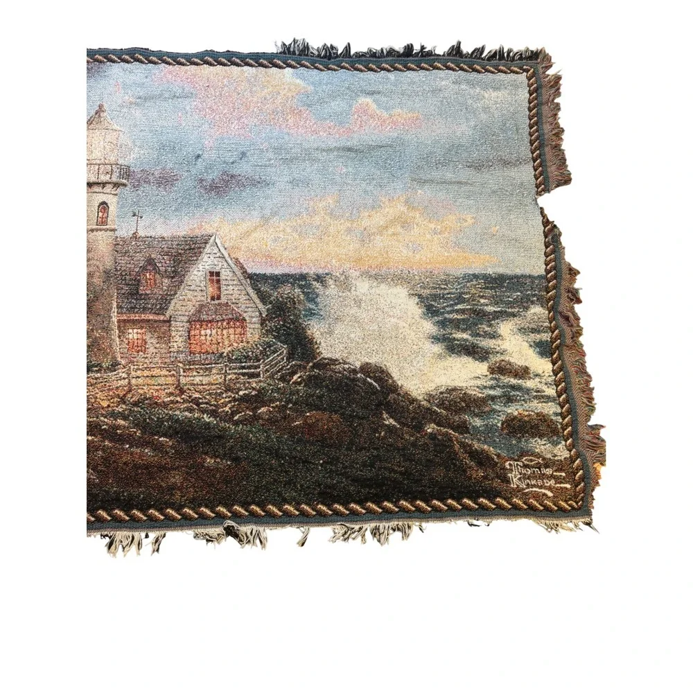 Thomas Kinkade Lighthouse Woven Throw Blanket‎ Tapestry 40x59 Coastal Cottage